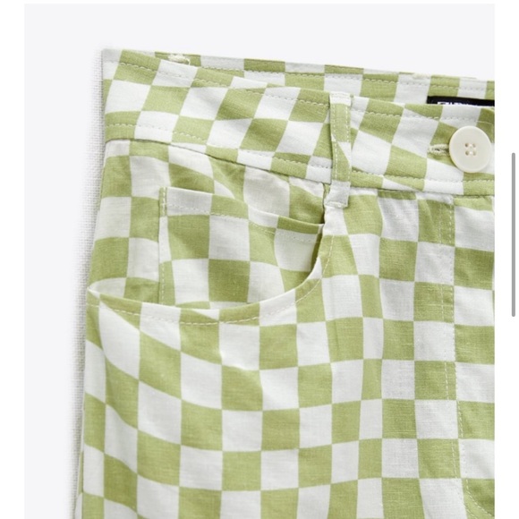 BRAND NEW W/ TAGS Zara White and Green Checkered Linen Pants Size L - Picture 3 of 9